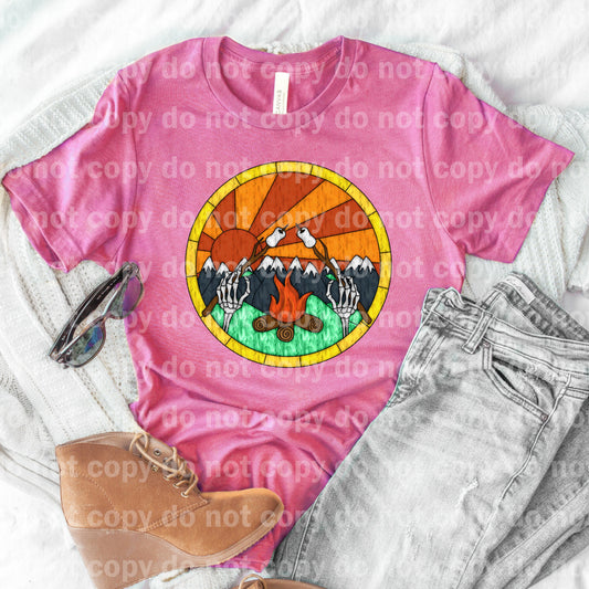 Skeleton Campfire Stained Glass Round Dream Print or Sublimation Print