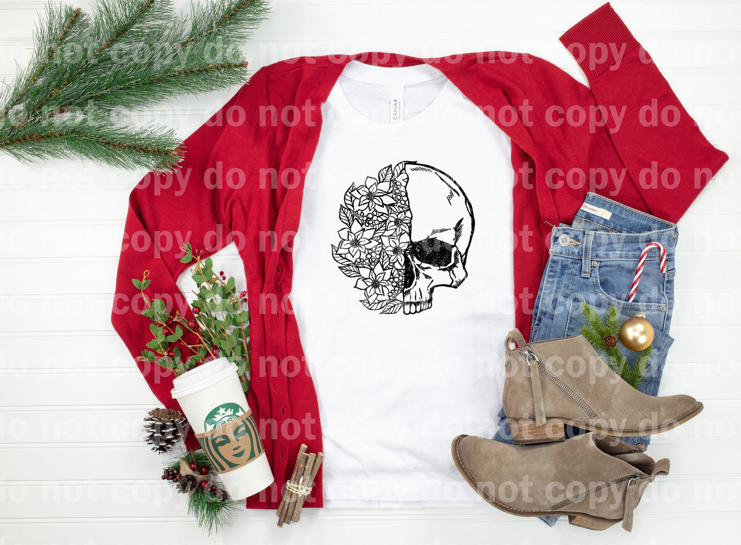 Christmas floral poinsetta skull Distressed Full Color/One Color Dream Print or Sublimation Print