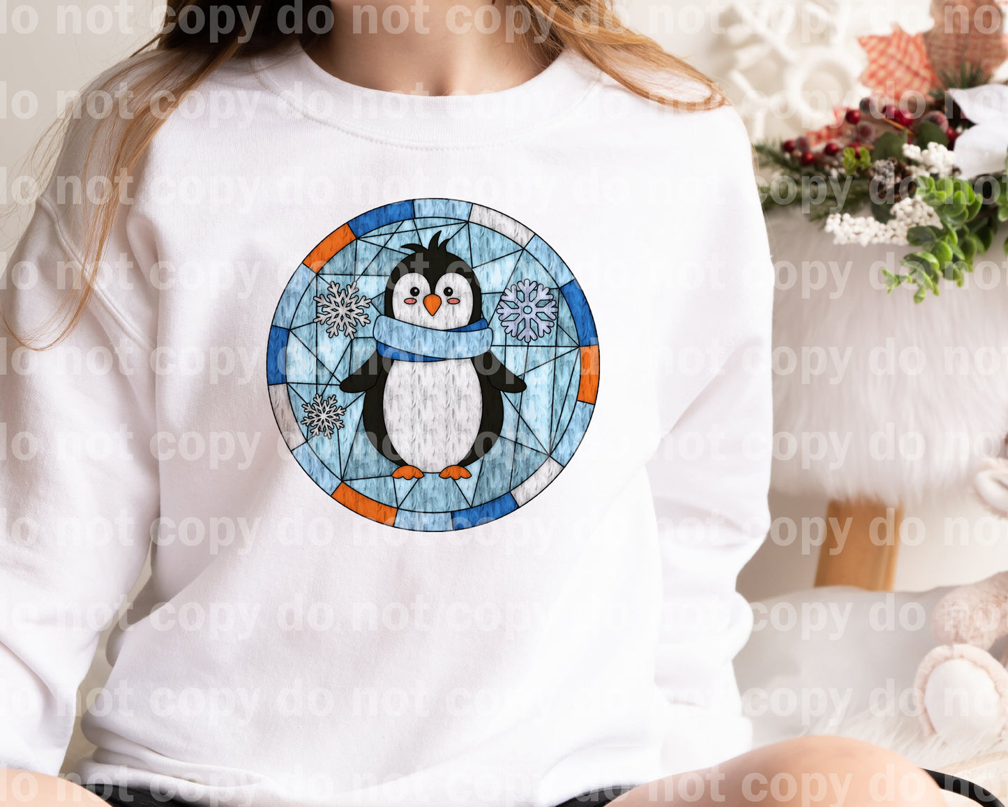 Stained Glass Penguin Blue Scarf Round Dream Print or Sublimation Print