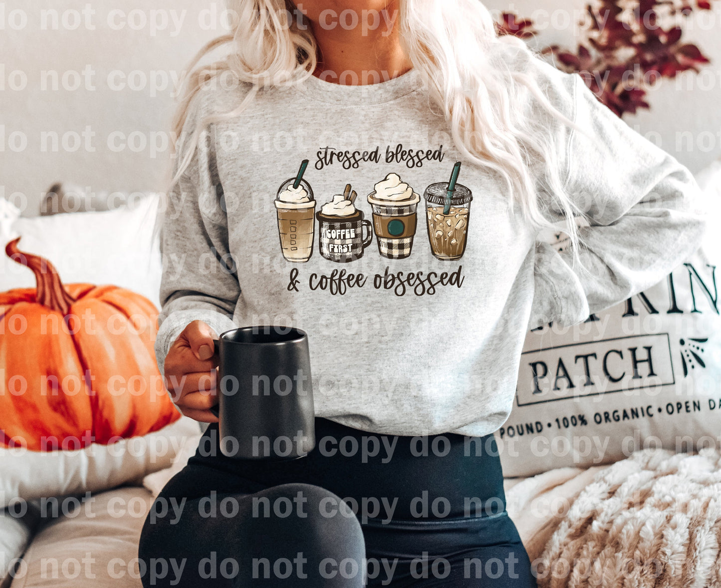 Impresión de sueño estresada, bendita y obsesionada con el café o impresión de sublimación
