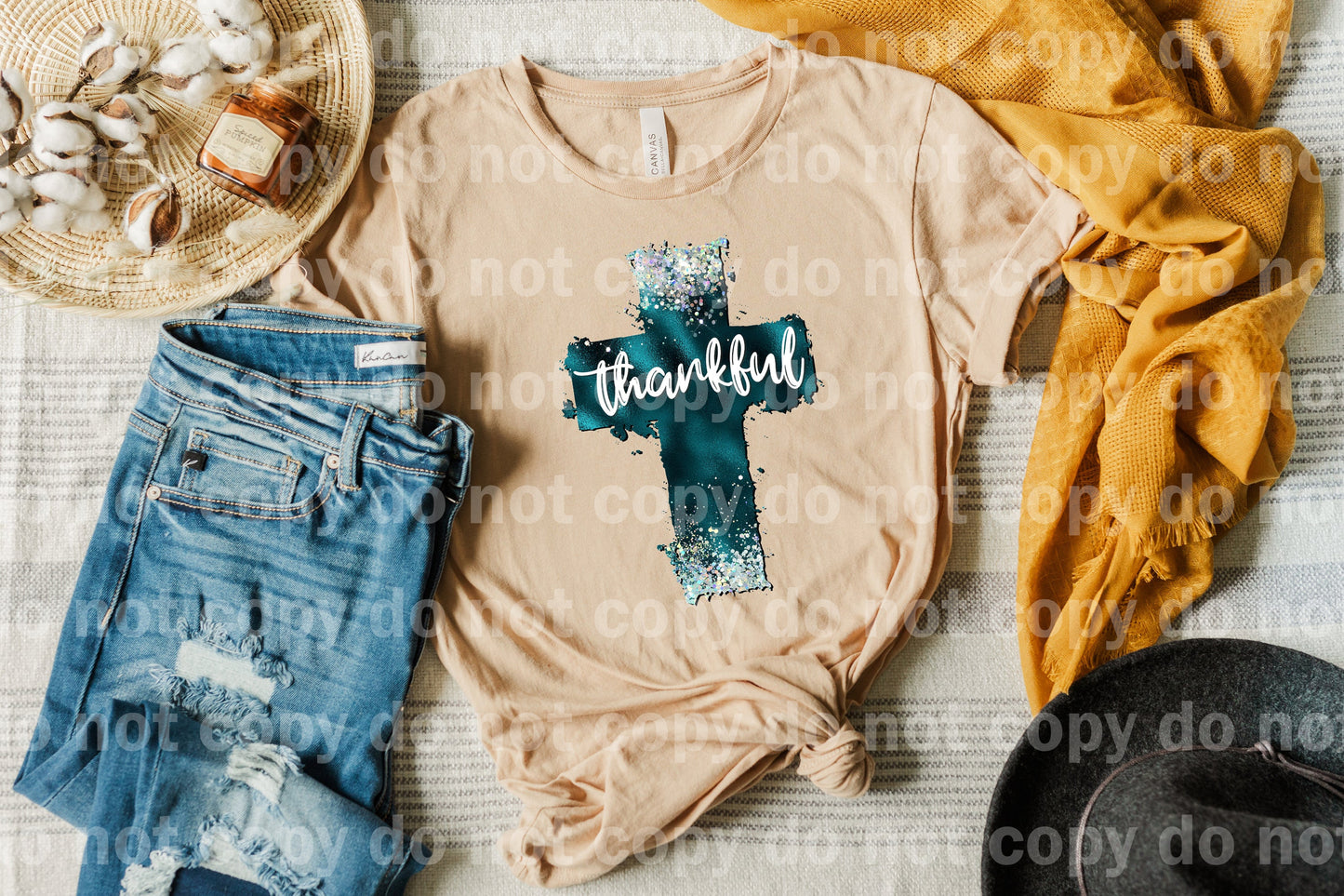Teal Color Cross Thankful Dream Print or Sublimation Print