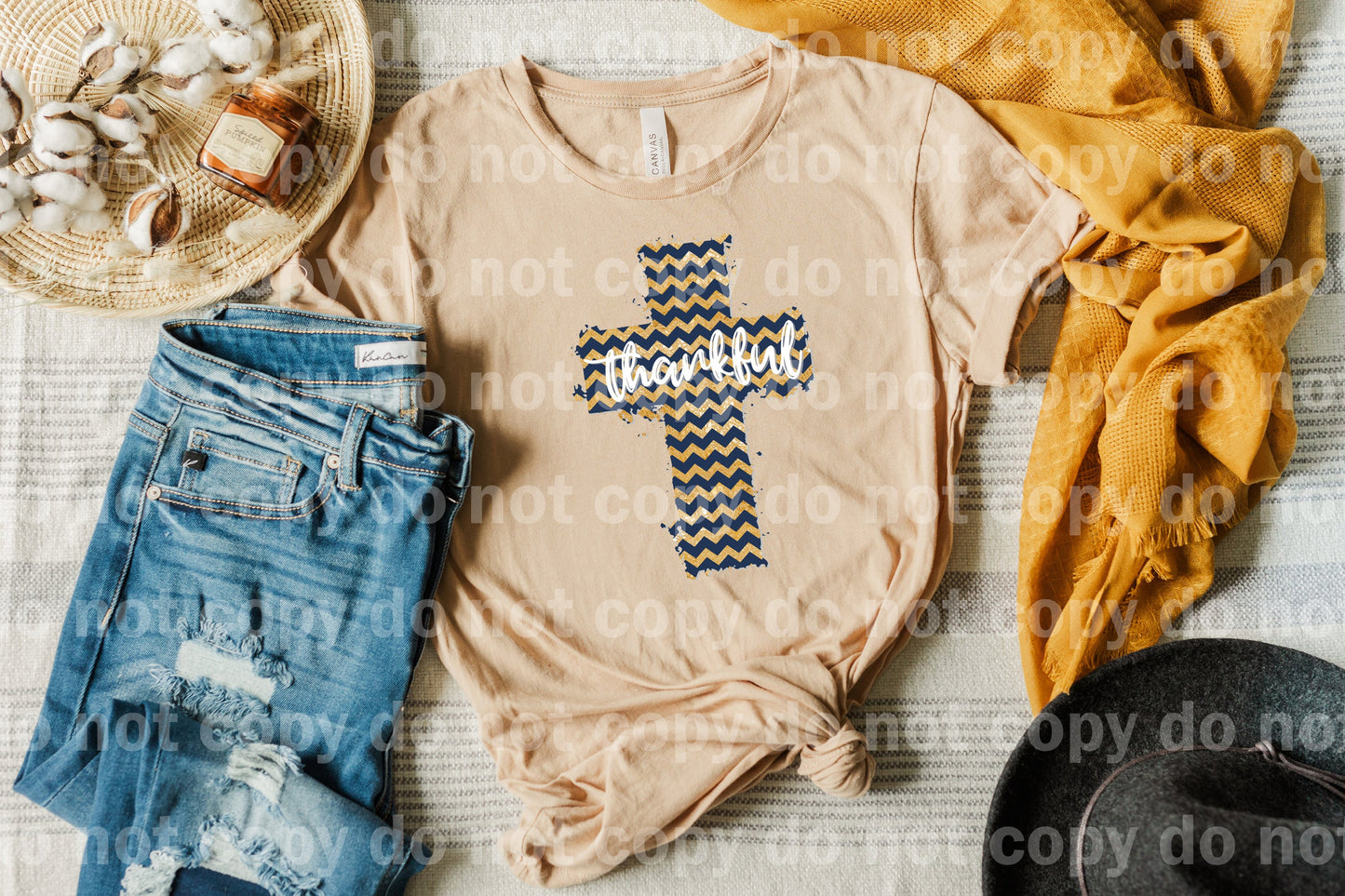 Thankful Blue Gold Pattern Cross Dream Print or Sublimation Print