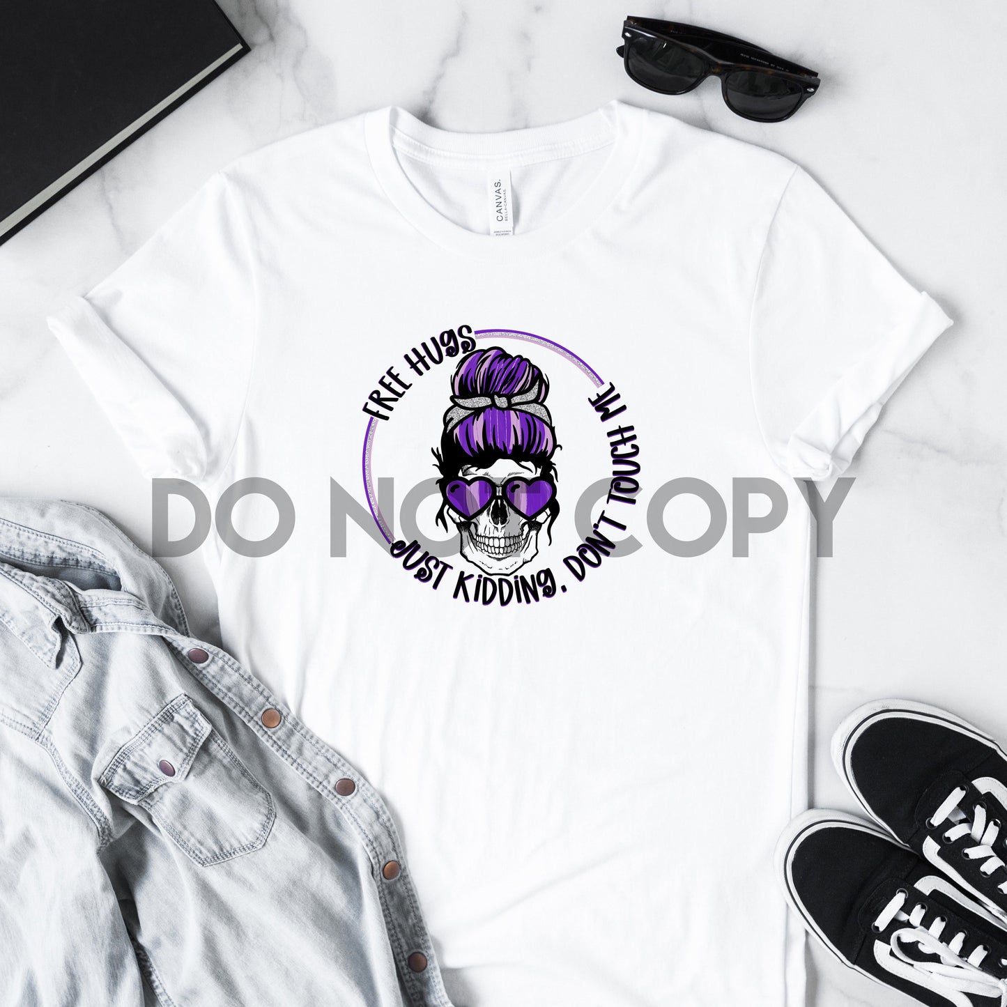 Free Hugs Just Kidding Don't Touch Me Purple Messy Bun Skull Sublimation print