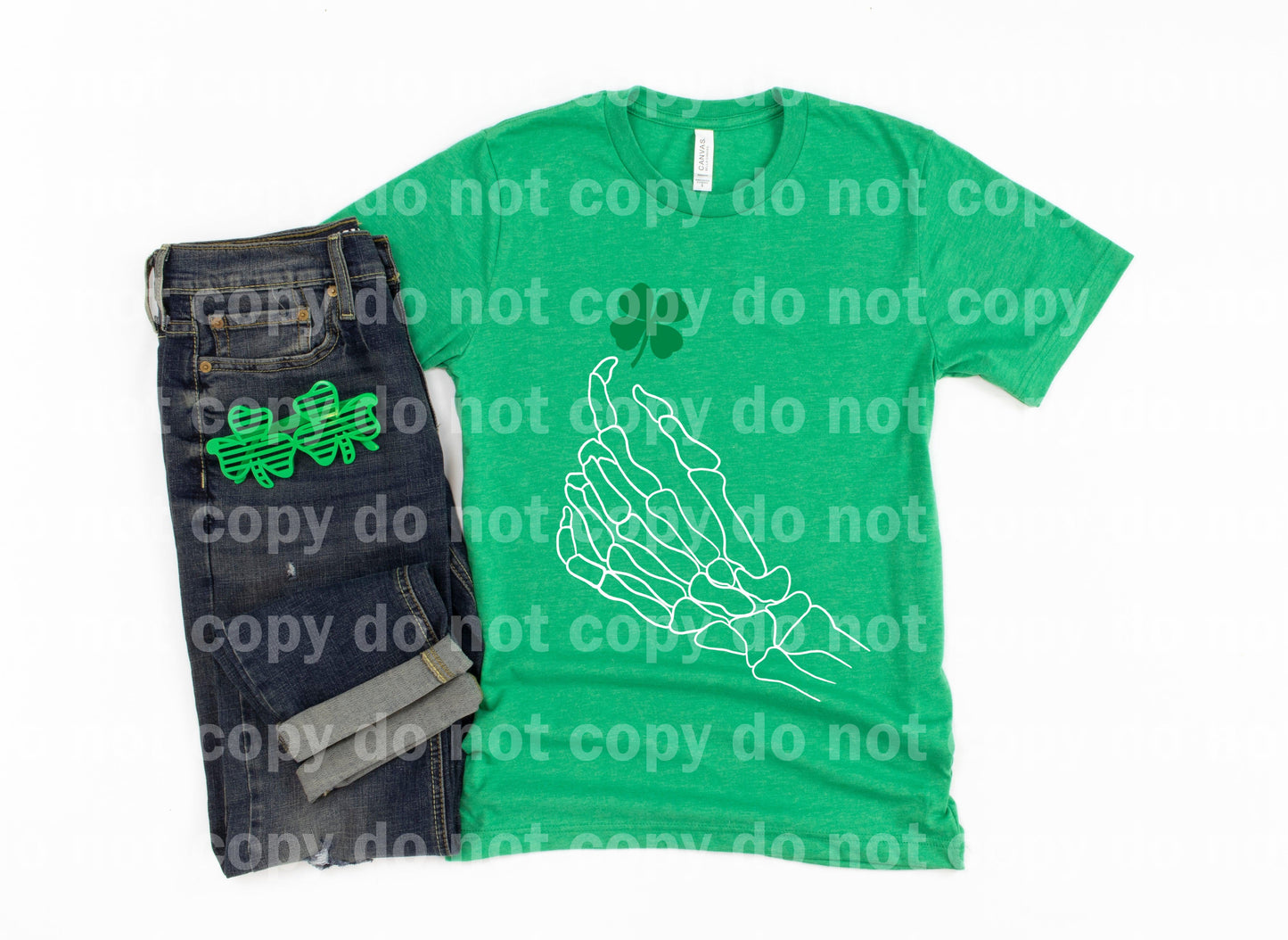 Skeleton Hand Clover Leaf  KELLY GREEN and WHITE INK two color Screen print transfer