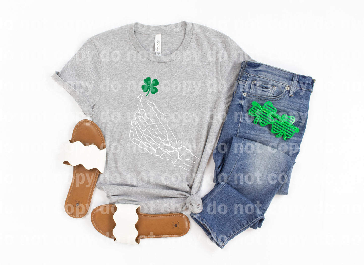 Skeleton Hand Clover Leaf  KELLY GREEN and WHITE INK two color Screen print transfer