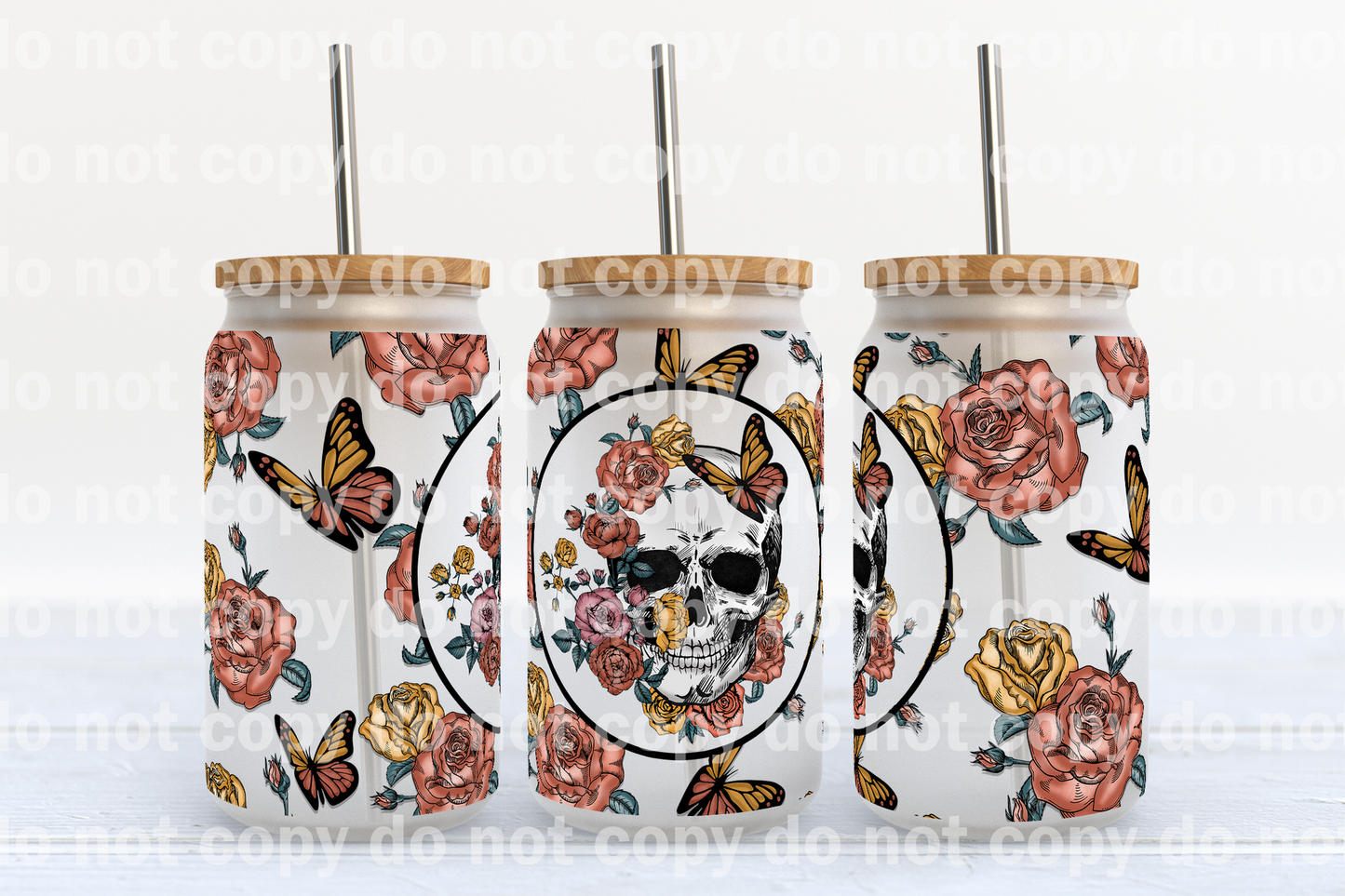 Skellie Skull With Flowers And Butterflies 16oz Cup Wrap