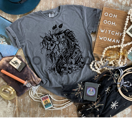 Unicornio Calavera rosa Serigrafía transfer tinta negra Tinta plastisol un color